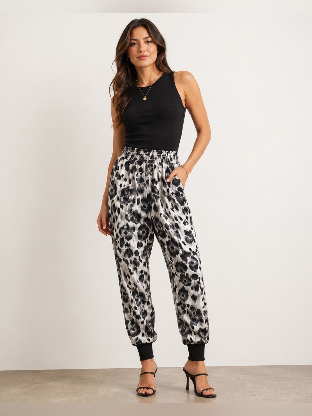 Stella Mccartney Black and White Animal Print Silk Jogger Pants Size 40